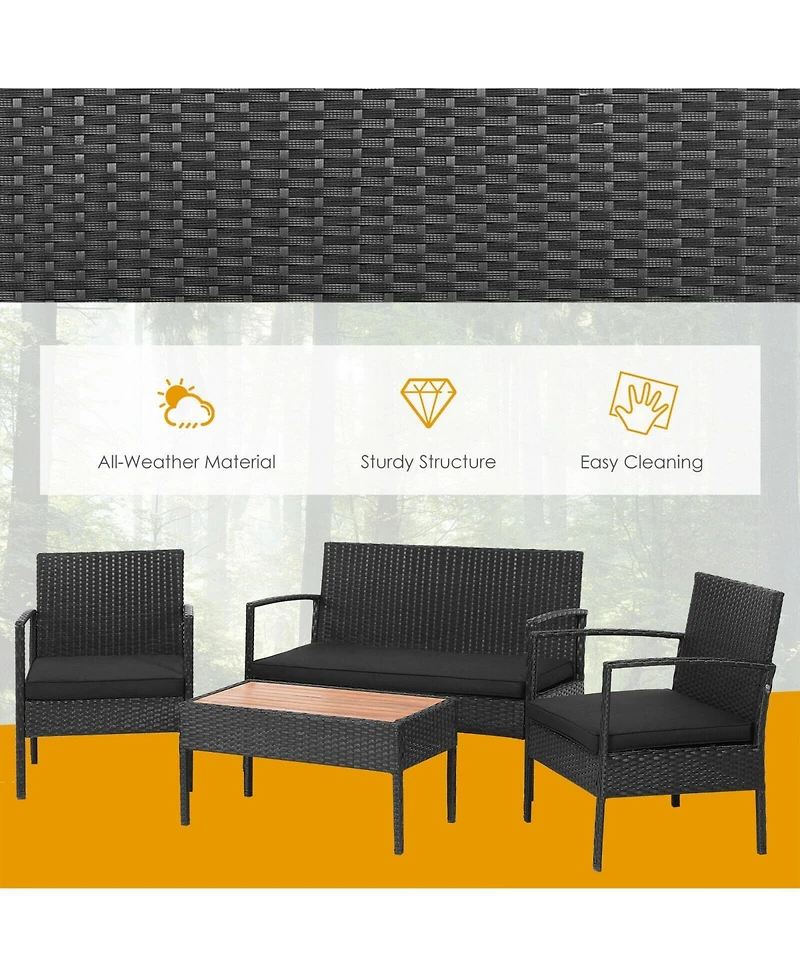 Sugift 4 Pieces Patio Rattan Cushioned Furniture Set with Wooden Tabletop