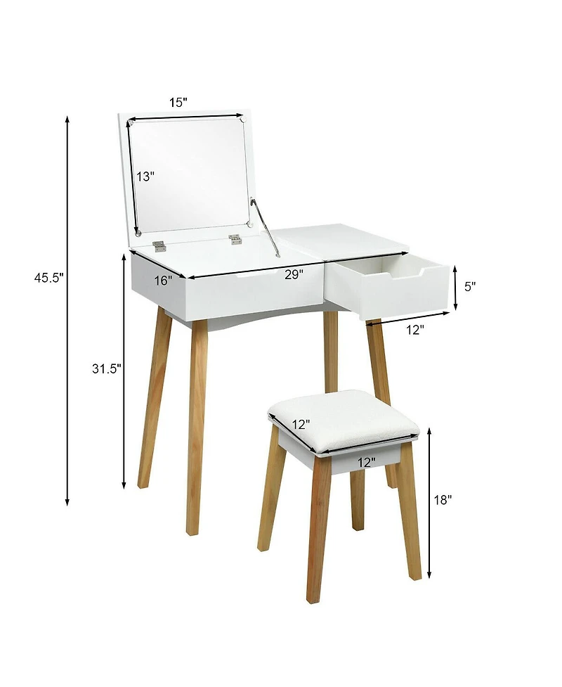 Sugift Wooden Vanity Table with Flip Top Mirror and Cushioned Stool