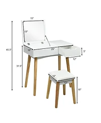 Sugift Wooden Vanity Table with Flip Top Mirror and Cushioned Stool