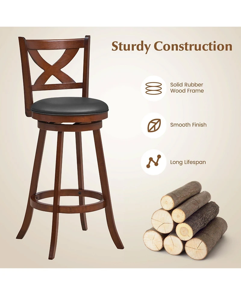 Sugift 2 Pieces Classic Counter Height Swivel Bar Stool Set with X-shaped Open Back