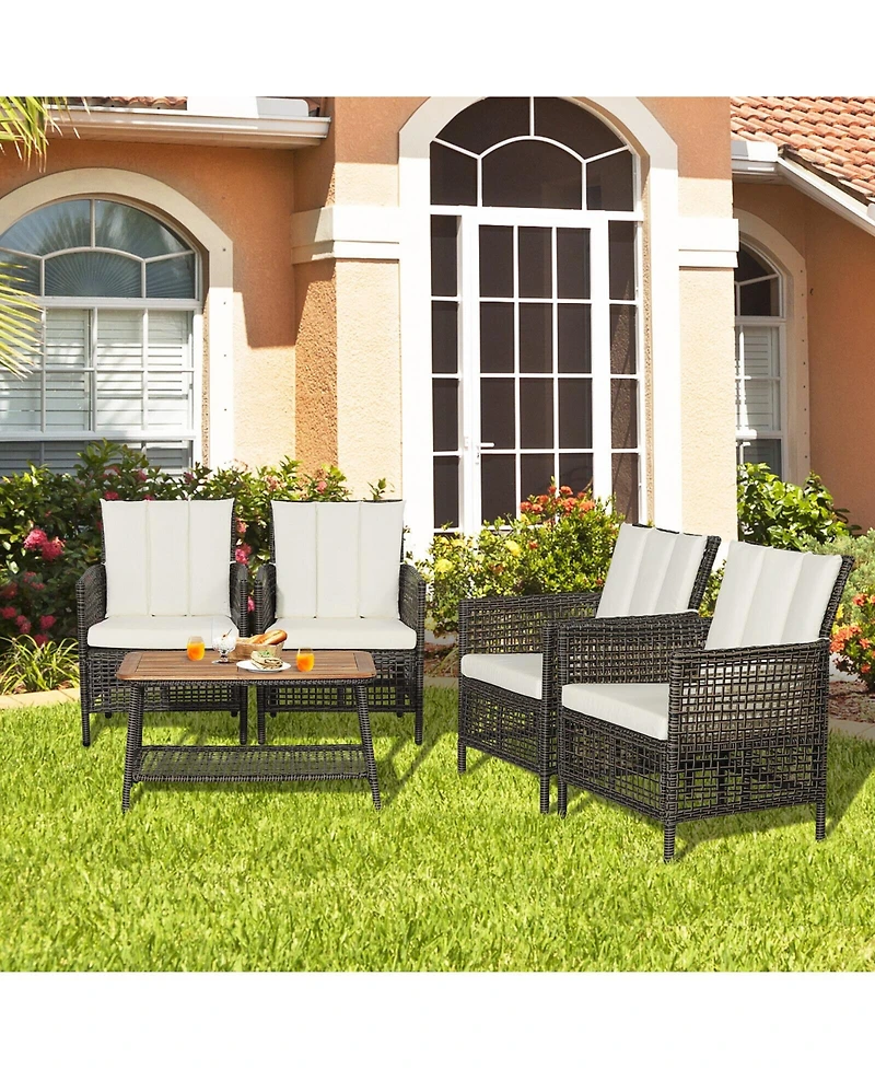 5 Pieces Patio Rattan Furniture Set Cushioned Sofa Armrest with Wooden Tabletop
