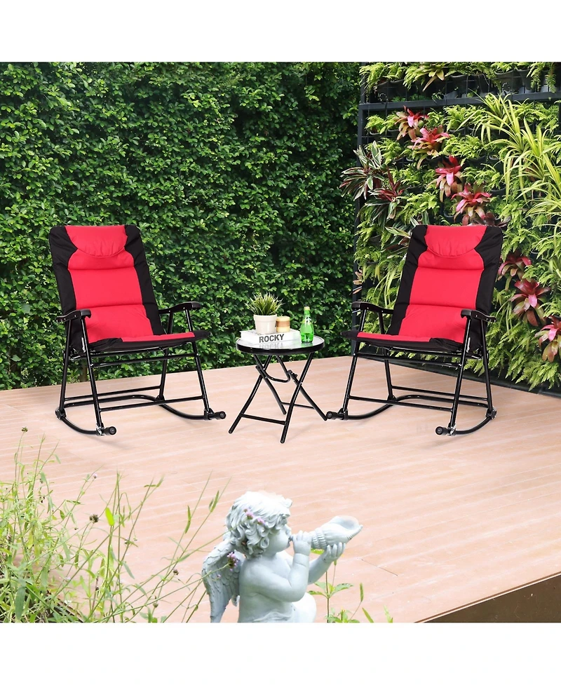 Sugift 3 Pieces Outdoor Folding Rocking Chair Table Set with Cushion