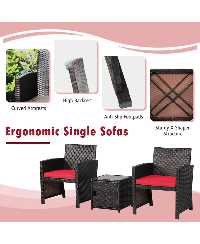 Sugift 3 Pieces Patio Wicker Furniture Set with Storage Table and Protective Cover