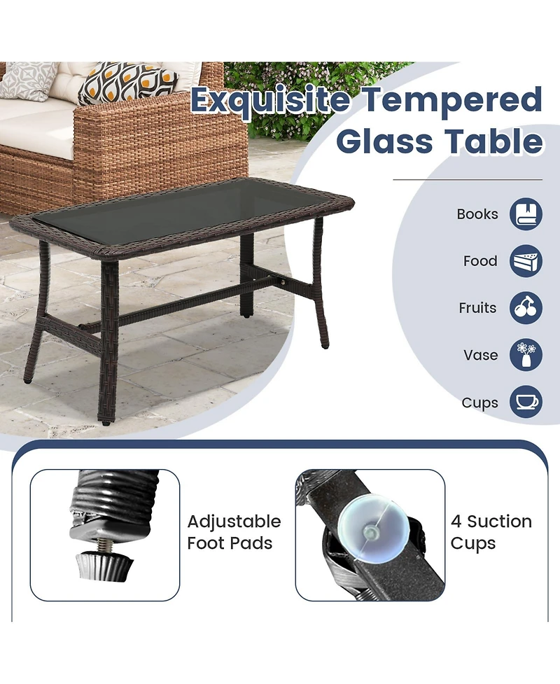 Sugift 4 Pieces Rattan Conversation Set with Tempered Glass Coffee Table