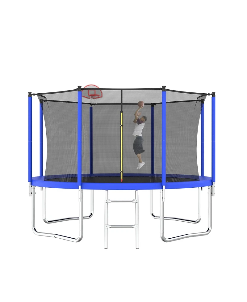 Slickblue 12FT Trampoline Green for Kids & Adults with Basketball Hoop and Ball ,Recreational Trampolines with Safety Enclosure for Back Yard Outdoor