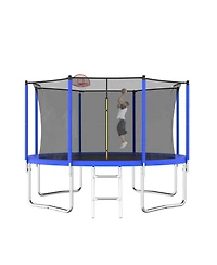 Slickblue 12FT Trampoline Green for Kids & Adults with Basketball Hoop and Ball ,Recreational Trampolines with Safety Enclosure for Back Yard Outdoor