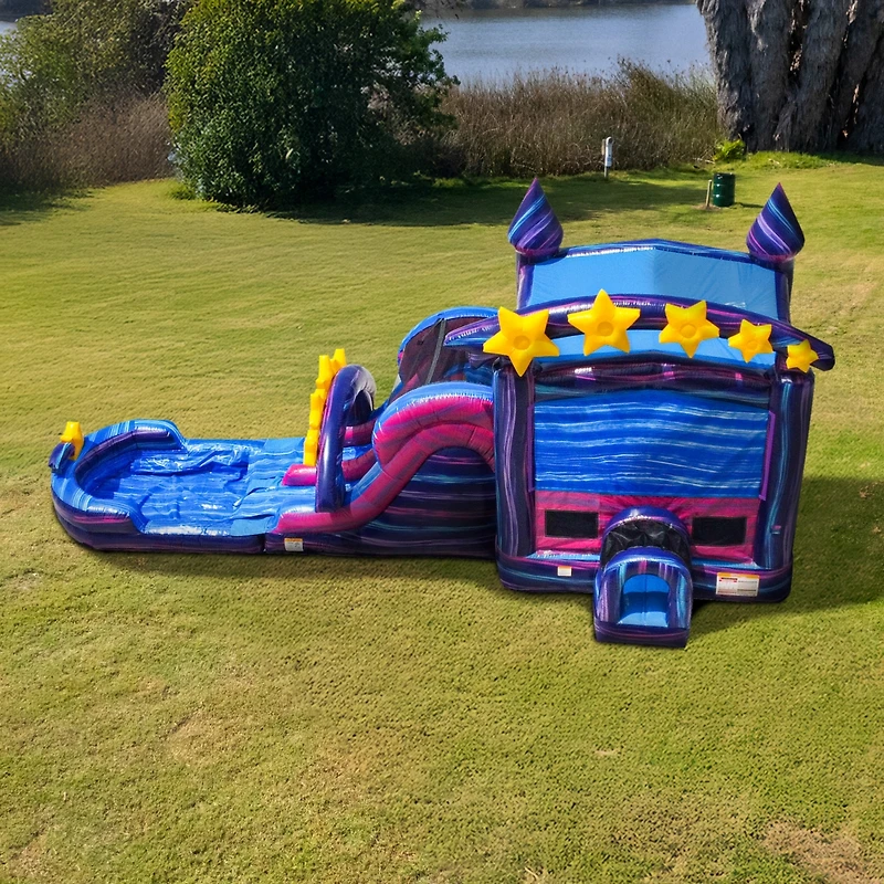 JumpOrange Galaxy Commercial Grade Bounce House Water Dual Lane Slide with Detachable Pool & Air Blower, Tunnel Entrance, Basketball Hoop, Wet Dry Use
