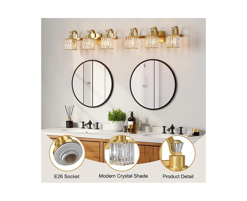gaomon Bathroom Vanity Light Fixtures Modern Crystal Vanity Light Fixtures Over Mirror，3 Light Modern Crystal Wall Lighting with Square Shade G