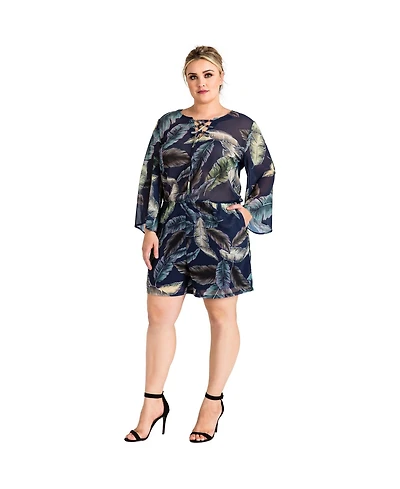 Standards & Practices Plus Tropical Leaf Bell Sleeve Lace-Up Romper