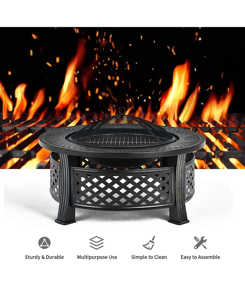 32'' Round Fire Pit Set W/ Rain Cover Bbq Grill Log Grate Poker