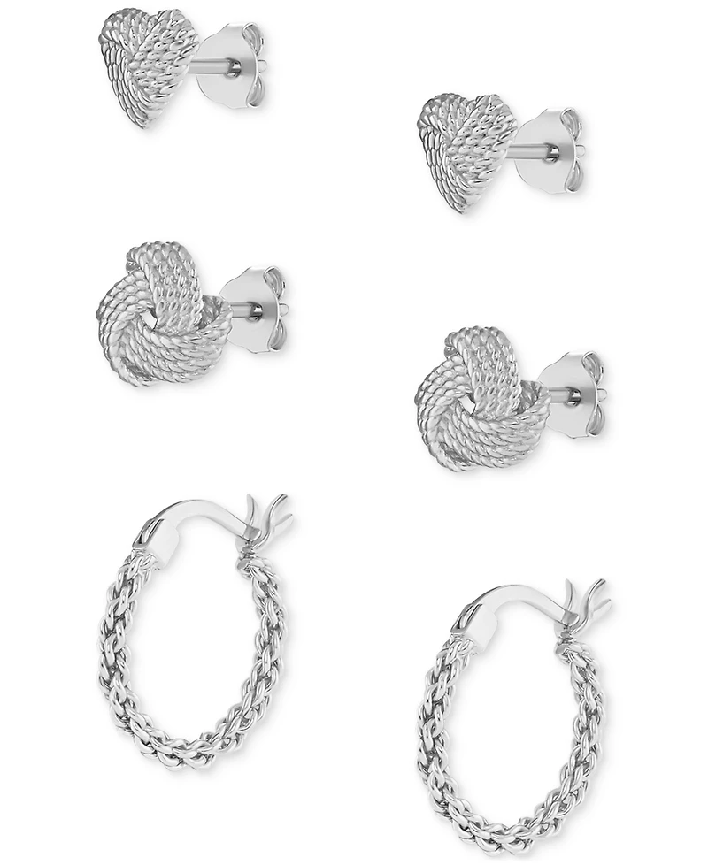 Macy's 3-Pc. Set Loveknot Stud & Twisted Hoop Earrings in 18K Gold Over Sterling Silver or Sterling Silver