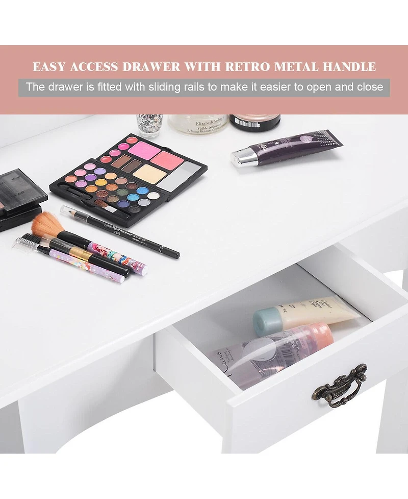 Sugift Wooden Vanity Table Set with Oval Mirror and Cushioned Stool