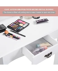 Sugift Wooden Vanity Table Set with Oval Mirror and Cushioned Stool