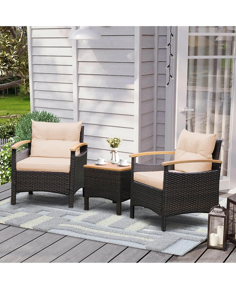 3PCS Patio Rattan Furniture Set Wooden Armrest Table Top Cushioned