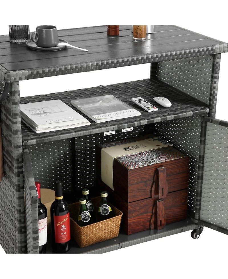 Streamdale Versatile Outdoor Wicker Bar Cart with Wheels and Glass Tabletop