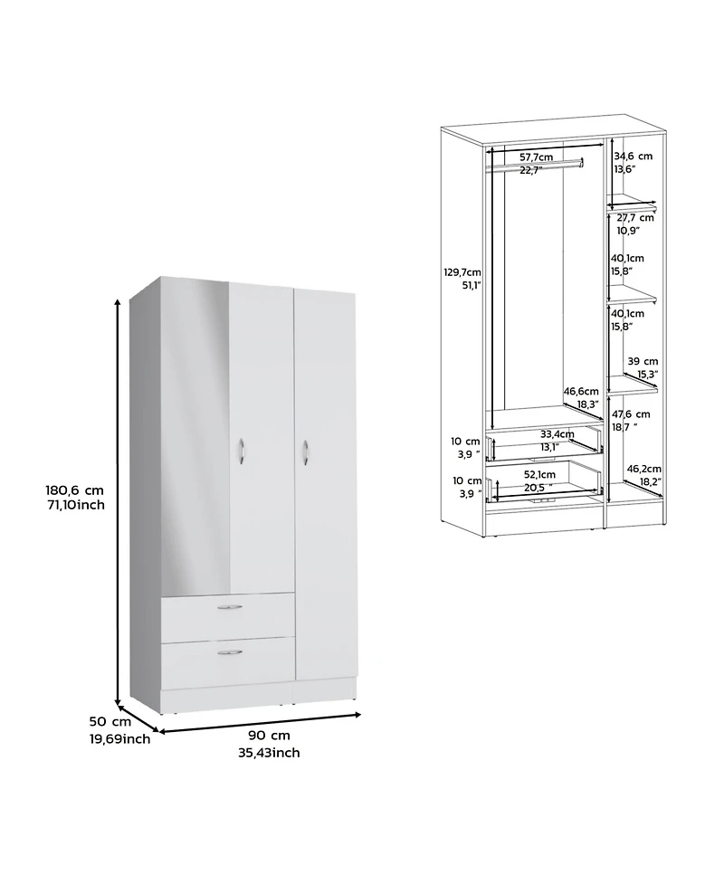 Troy wardrobe with 3 doors, one with mirror, two drawers, four shelves and hanging bar,White