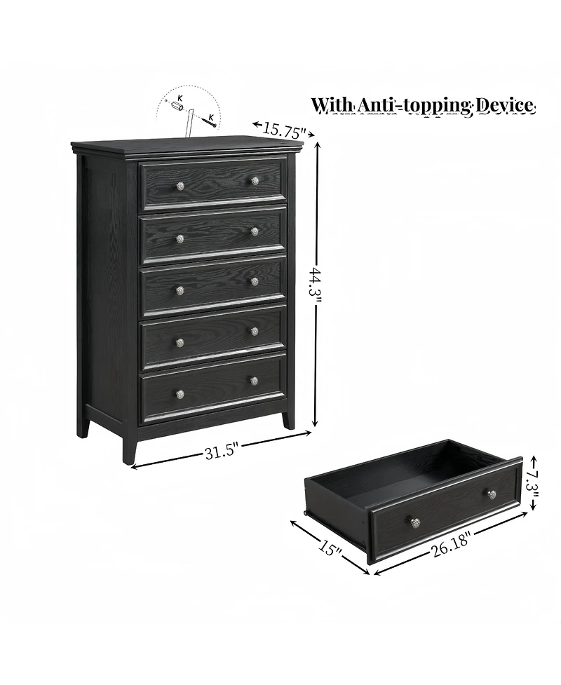 Modern 5-Drawer Storage Dresser with Anti-Tip Safety