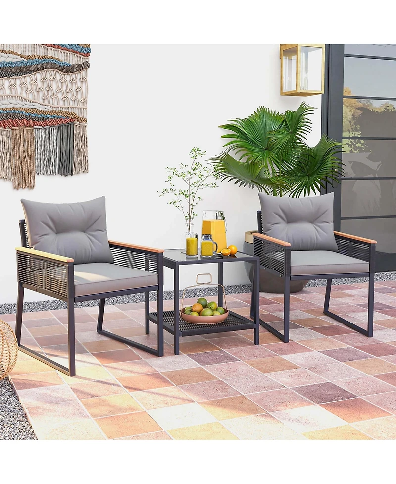 3 Pcs Outdoor Conversation Set with 2-Layer Side Table Acacia Wood Armrests