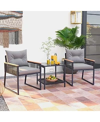 3 Pcs Outdoor Conversation Set with 2-Layer Side Table Acacia Wood Armrests