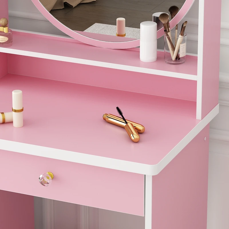 Famapy 5-Drawers Pink Makeup Vanity Dressing Table Set with Stool, Mirror and Storage Shelves Girls