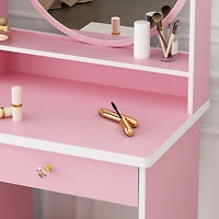 Famapy 5-Drawers Pink Makeup Vanity Dressing Table Set with Stool, Mirror and Storage Shelves Girls