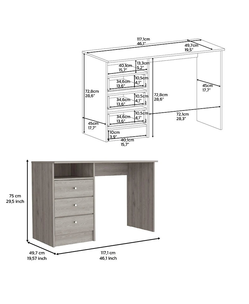 Nemocon 3 Drawer Computer Desk With 1-Open Storage Shelf, Light Gray