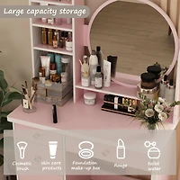 Famapy 5-Drawers Pink Makeup Vanity Dressing Table Set with Stool, Mirror and Storage Shelves Girls Dressing Table