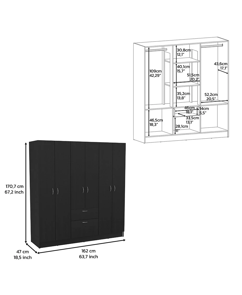 Kibo 6 Doors Armoire, One Drawer, Rod, Seven Interior Shelves, Black / White