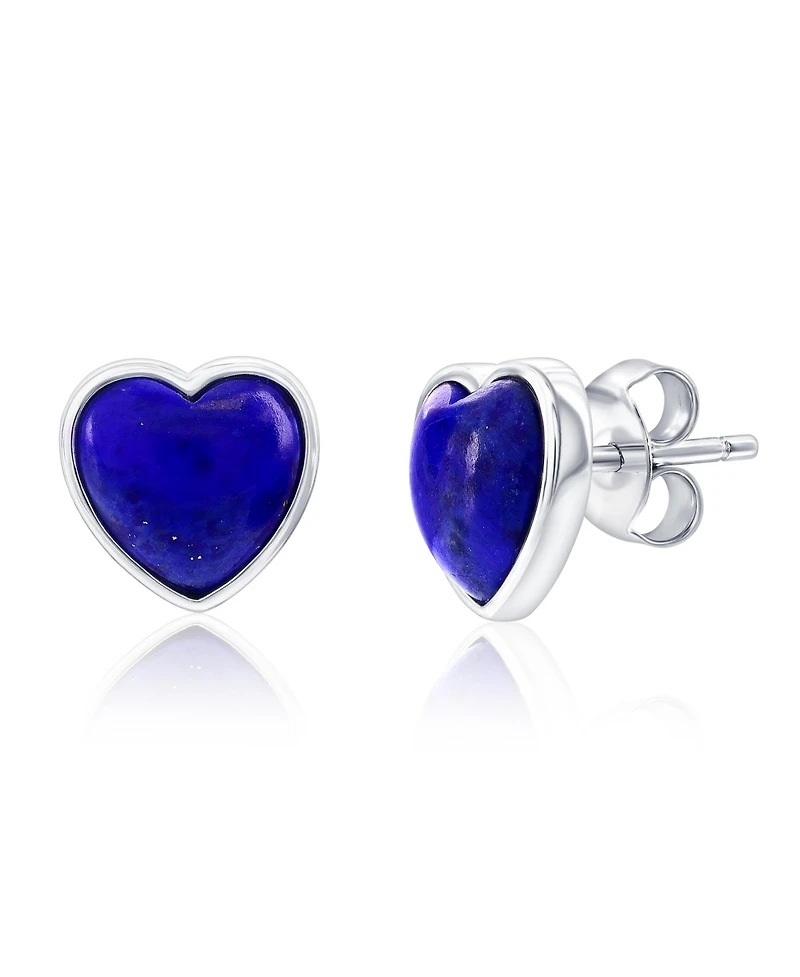 Caribbean Treasures Sterling Silver, Bezel-Set Heart Studs (Available Lapis, Malachite or Kyanite)