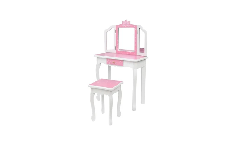 Slickblue Children's Wooden Dressing Table with Three-Sided Folding Mirror, Chair, and Single Drawer in Blue Snowflake Style