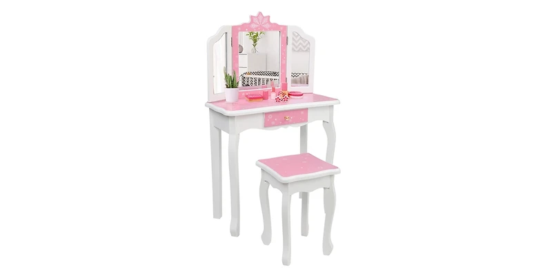 Slickblue Children's Wooden Dressing Table with Three-Sided Folding Mirror, Chair, and Single Drawer in Blue Snowflake Style
