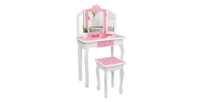 Slickblue Children's Wooden Dressing Table with Three-Sided Folding Mirror, Chair, and Single Drawer in Blue Snowflake Style