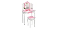 Slickblue Children's Wooden Dressing Table with Three-Sided Folding Mirror, Chair, and Single Drawer in Blue Snowflake Style