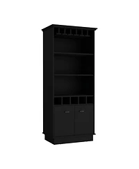 Elon 70"H Bar Cabinet with Wine Rack, Upper Glass Cabinet, three Open Storage Shelves and One Cabinet,Black