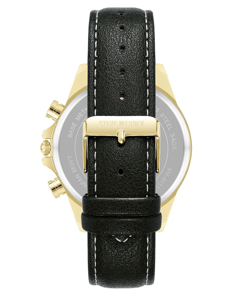 Steve Madden Men's Modern Black Faux Leather and Gold-Tone Alloy Metal Watch, 45mm