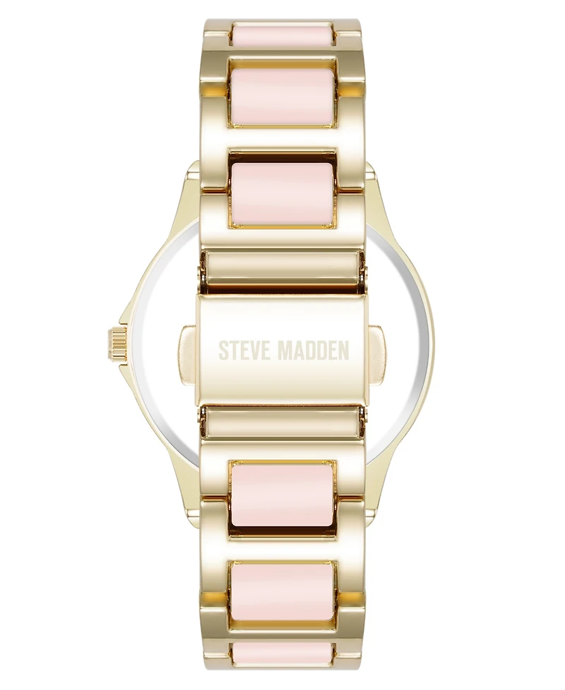 Steve Madden Women's Signature Pink Enamel and Gold-Tone Alloy Metal Bracelet Watch, 36mm