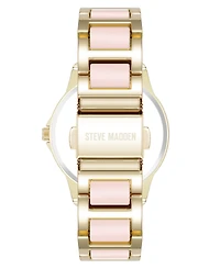 Steve Madden Women's Signature Pink Enamel and Gold-Tone Alloy Metal Bracelet Watch, 36mm