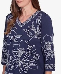 Alfred Dunner Women's Block Island Dynamic Floral Embroidered V Neck Top