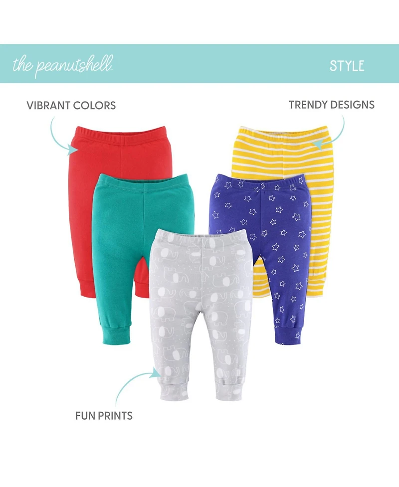 The Peanutshell Baby Boy or Girl Pants, 5-Pack, Elephant Brights