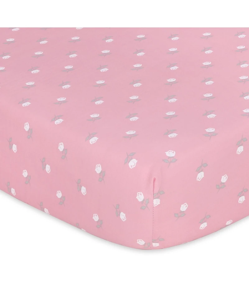 The Peanutshell Fitted Crib Sheet Set for Baby Girls, Pink Roses and Floral, 4 Pack Set