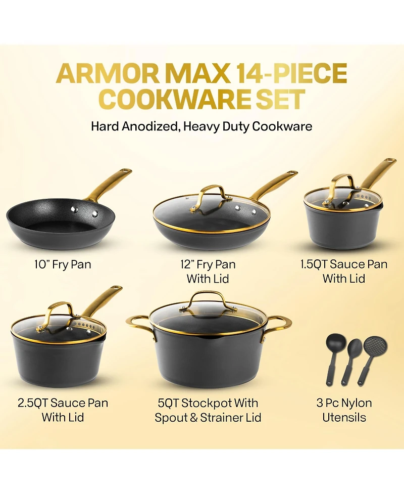 Granitestone Armor Max Gold 14 Piece Hard Anodized Ultra Release Cookware Set