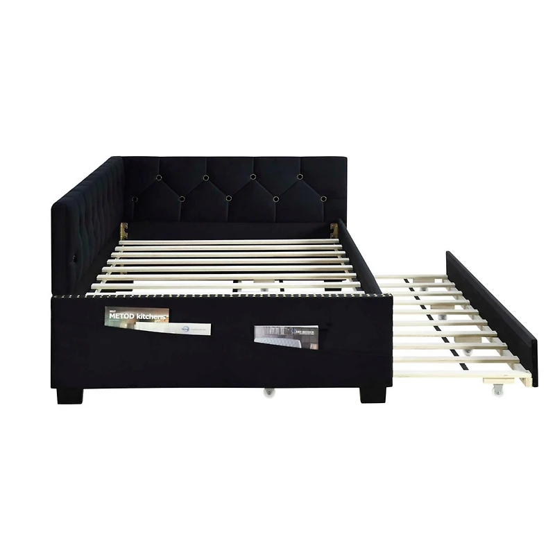 Streamdale Twin Daybed Bed Frame with Trundle, Black Velvet