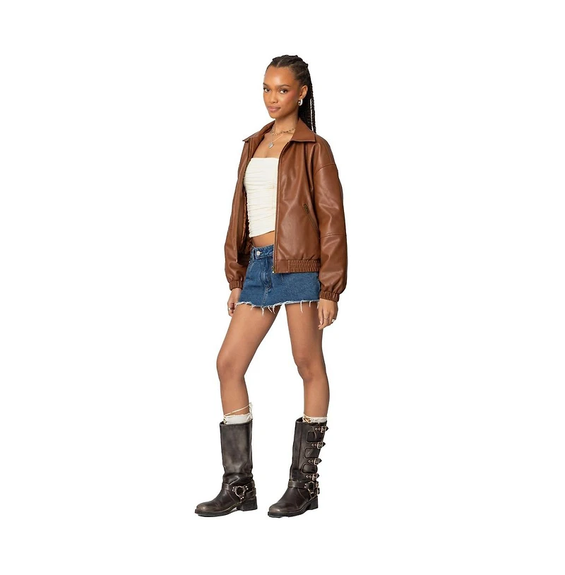 Edikted Womens Halley Faux Leather Bomber Jacket