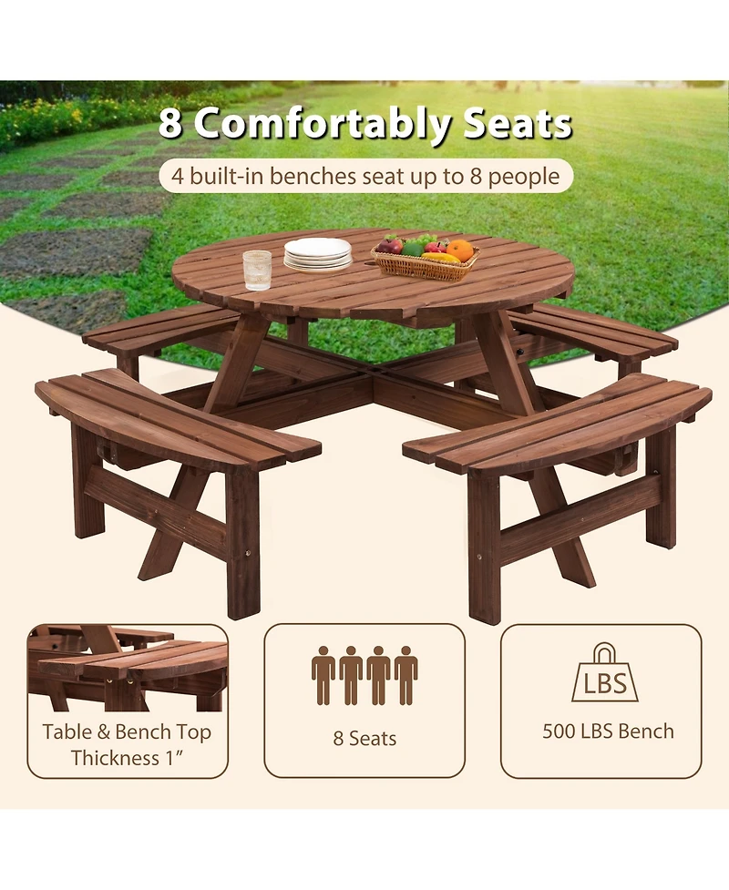 Slickblue 8-Person Outdoor Circular Wooden Picnic Table with 4 Built-In Benches for Patio, Backyard, and Garden