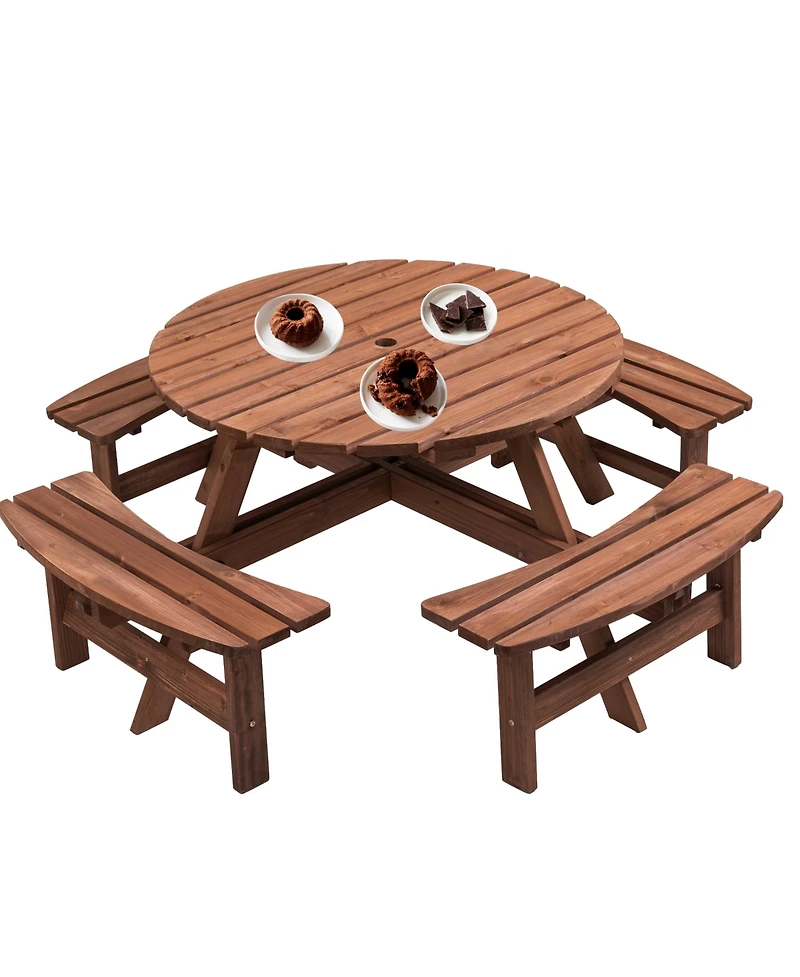 Slickblue 8-Person Outdoor Circular Wooden Picnic Table with 4 Built-In Benches for Patio, Backyard, and Garden