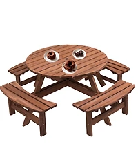 Slickblue 8-Person Outdoor Circular Wooden Picnic Table with 4 Built-In Benches for Patio, Backyard, and Garden