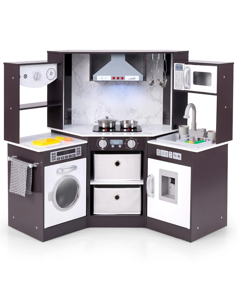 Hongge Wooden Kids Play Kitchen Playset with Realistic Lights and Sounds