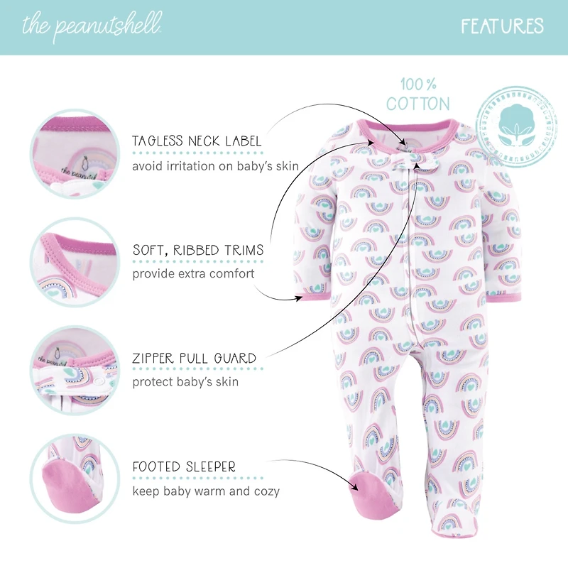 The Peanutshell Baby Girls Dino Footed Sleepers for Girls, 3 Pack