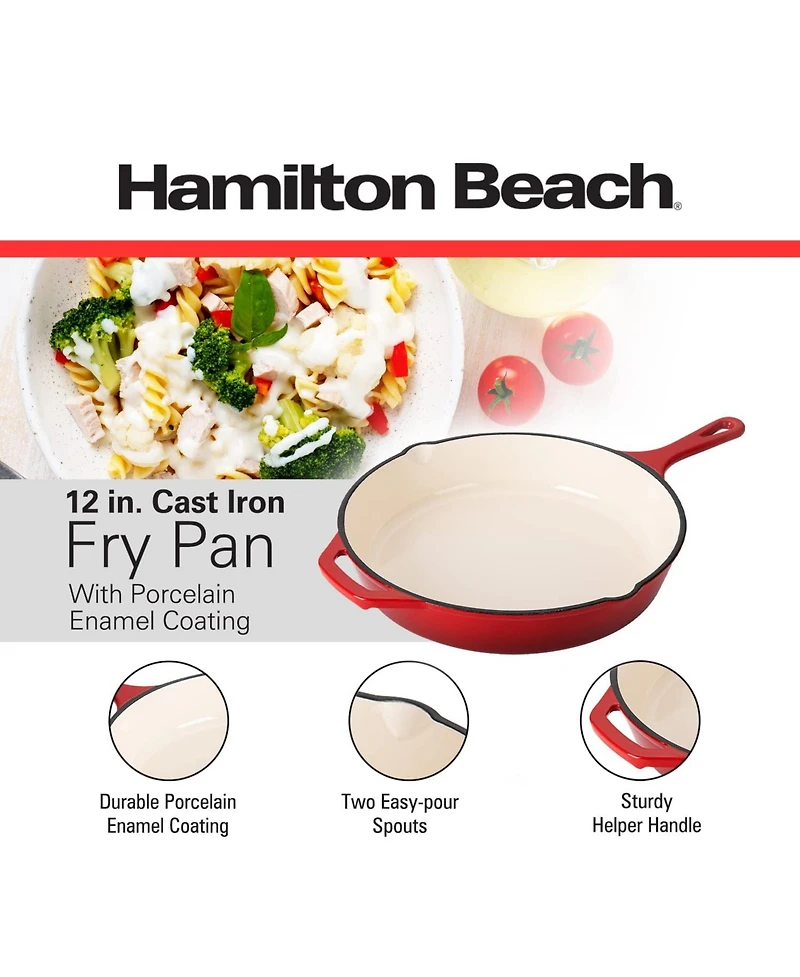 Hamilton Beach Enameled Cast Iron Fry Pan 12-Inch Red, Cream Enamel Coating, Skillet Pan for Stove Top and Oven