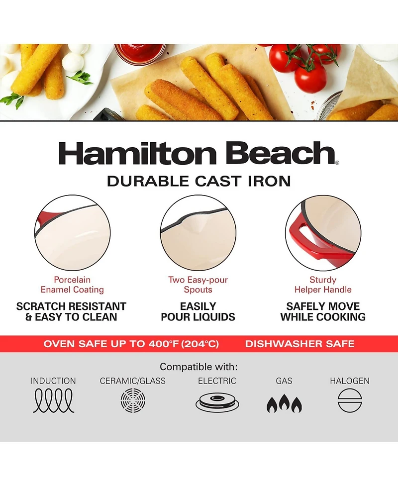 Hamilton Beach Enameled Cast Iron Fry Pan 12-Inch Red, Cream Enamel Coating, Skillet Pan for Stove Top and Oven